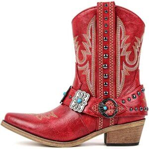⚡Women's Red Ankle High Embroidery Pointed Toe Cowgirl Western Boots Pull On